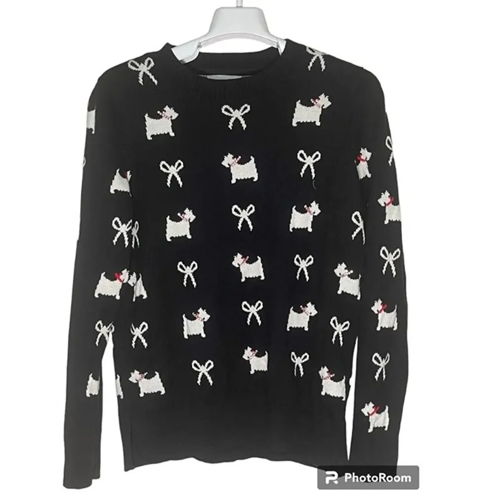 Charter Club Dog Ribbon Print Sweater Crew Neck Knit Pullover Womens Size S USED